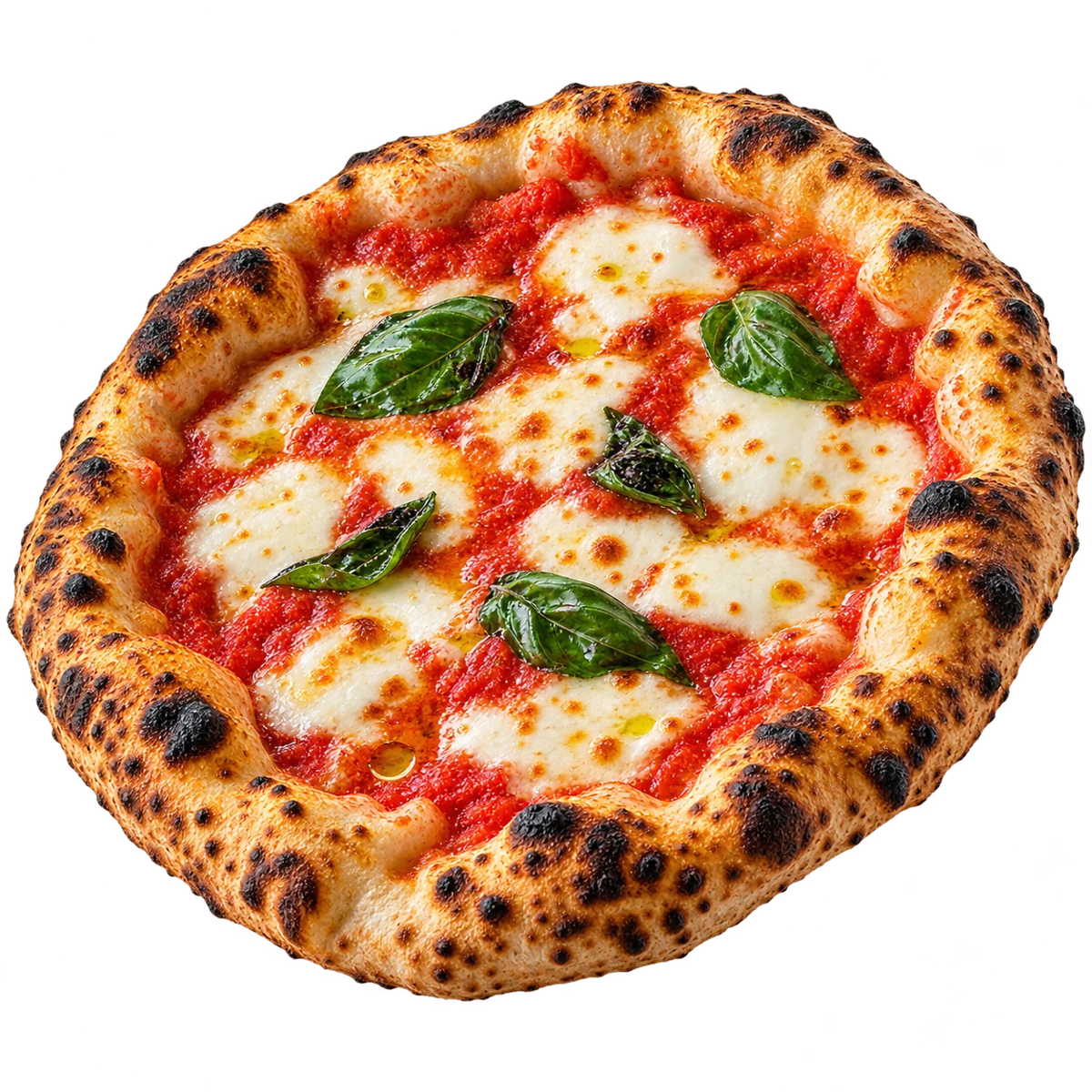 Pizza napolitaine à la tomate, au fior di latte et au basilic, en apesanteur