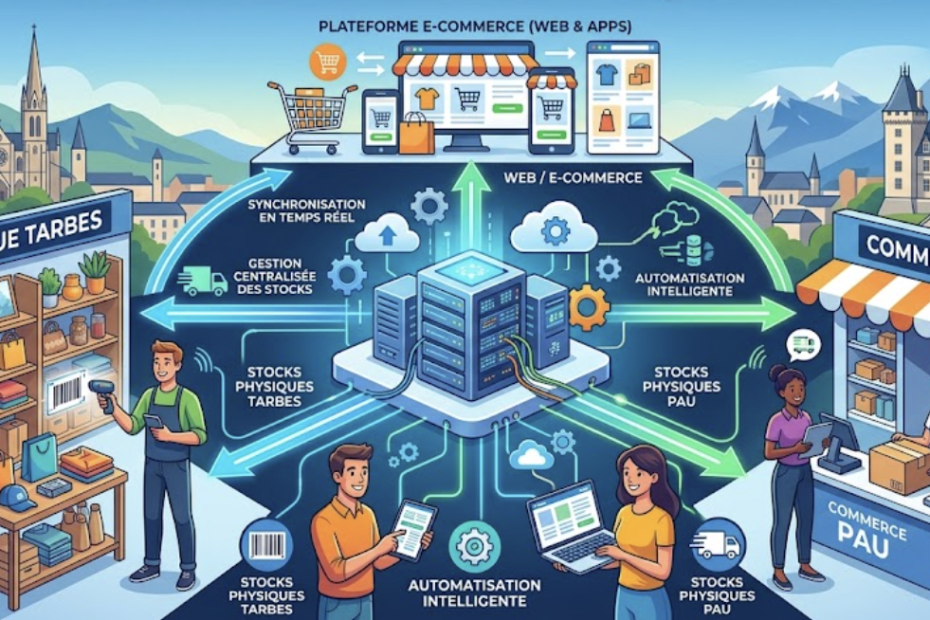 Schéma d'une solution digitale sur mesure développée par notre agence web dans les Pyrénées pour synchroniser boutiques physiques à Tarbes et Pau avec un site ecommerce