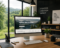 Écran d'ordinateur présentant le site web d'une agence de communication et solutions digitales dans les Pyrénées près de Lourdes et Tarbes