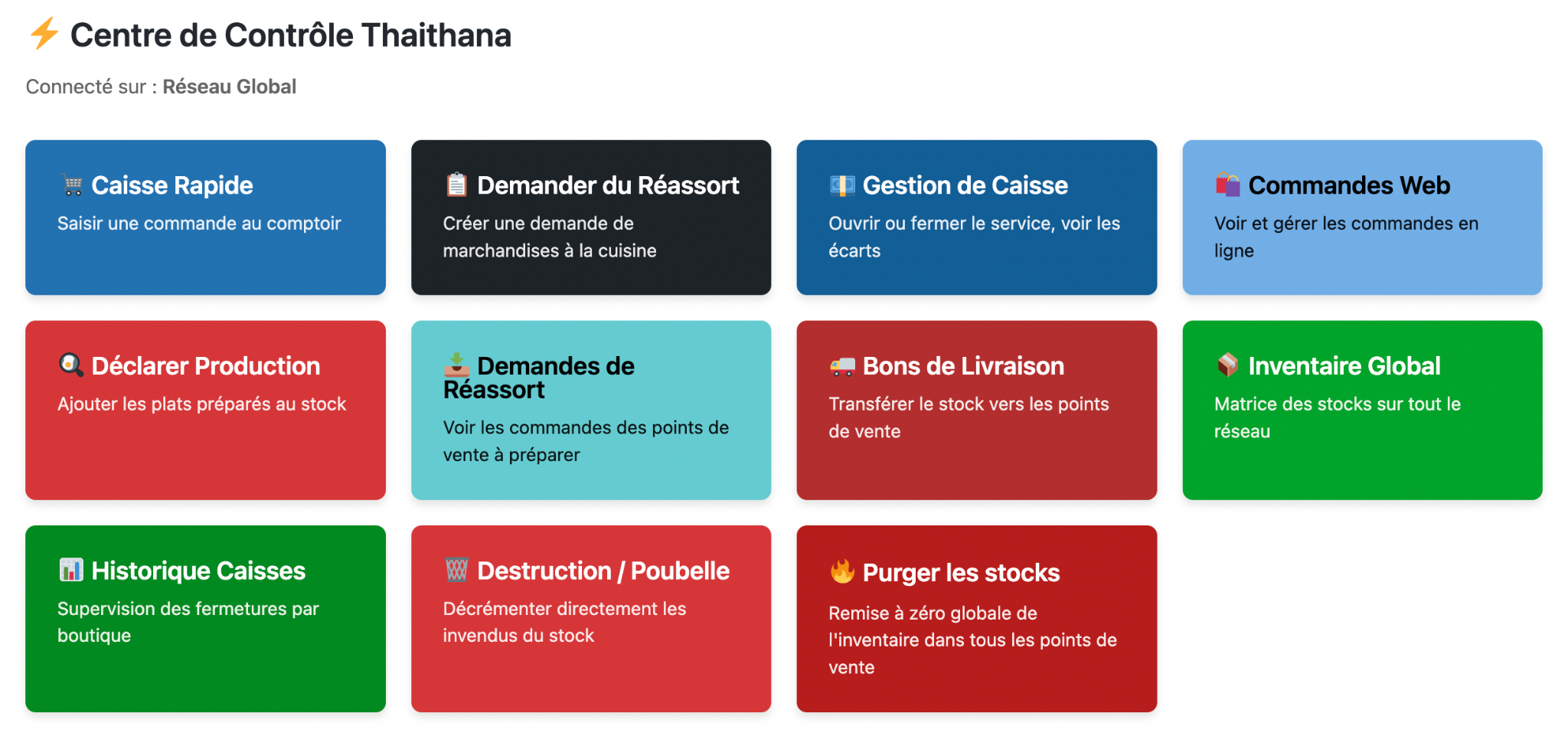 Centre de contrôle Thaithana : commandes web, caisse, production, réassort et stocks.