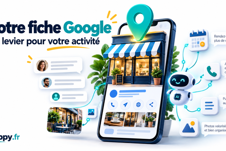Illustration d’un commerce et de sa fiche Google, avec des outils de gestion assistée par intelligence artificielle.