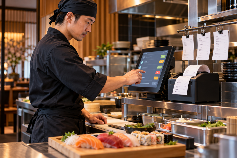 Illustration générée d’un chef sushi consultant les commandes sur un écran à côté d’une imprimante de tickets.
