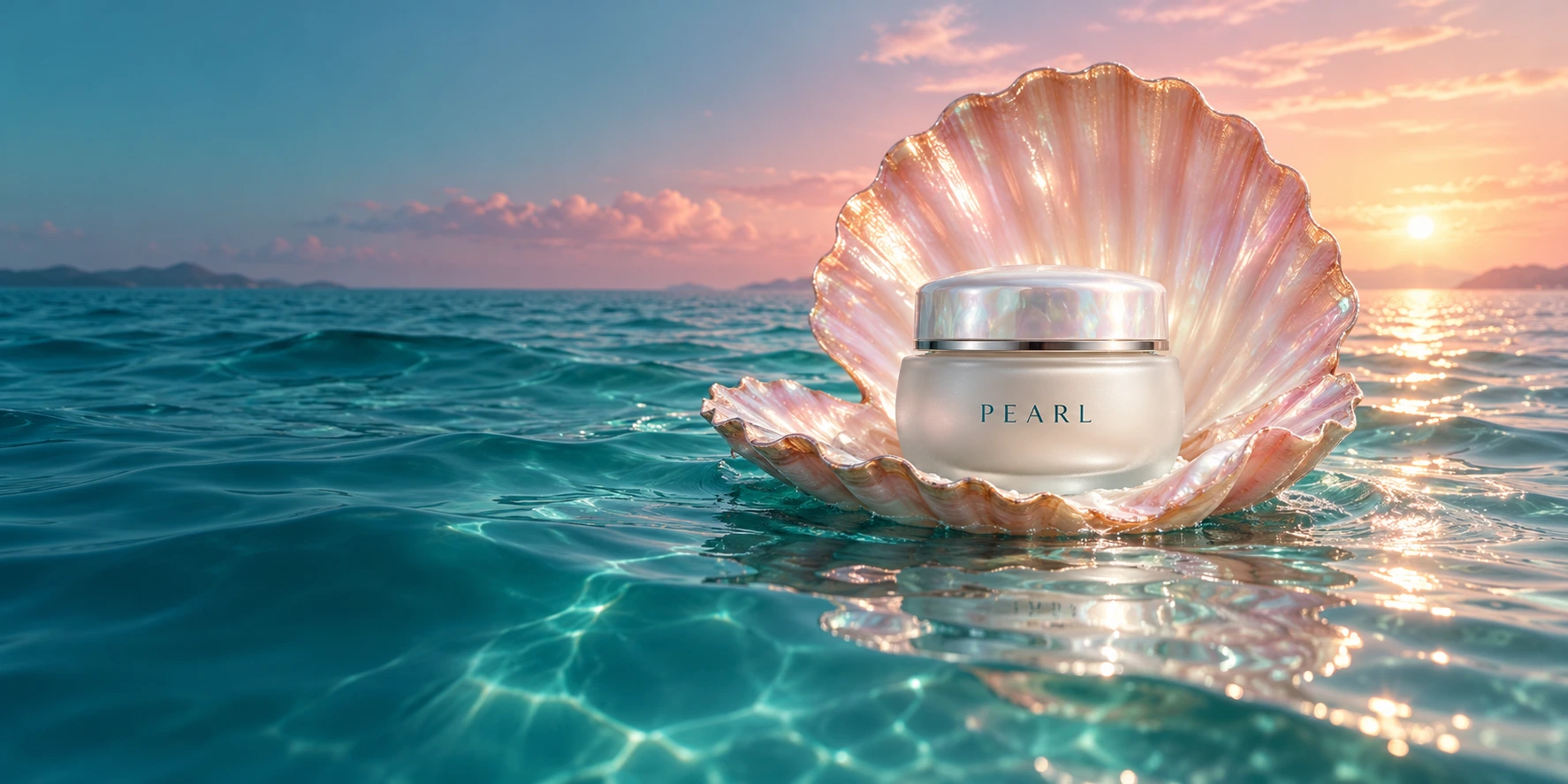 Un pot PEARL dans un coquillage nacré, sur une mer turquoise